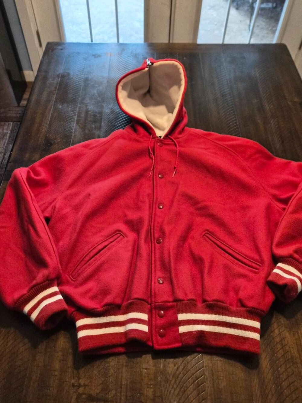 Vintage DeLong Varsity Jacket Mens XL Red Wool Blank Letterman Coat USA Hooded